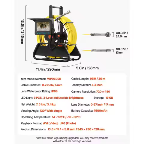 Sewer Camera, 98 ft/30m, 4.3" Drain Inspection Camera, IP68 Waterproof Snake Plumbing Camera with Li