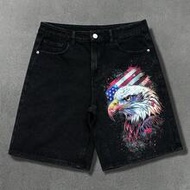 Men's Casual American Street Style Independence Day Eagle Print Washed Black Denim Shorts