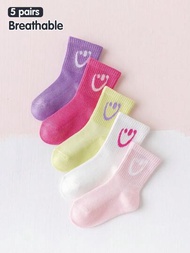[5 對]女孩微笑襪子春夏季款，以紫色、粉色、玫瑰色、白色等樂觀表情網狀薄襪子。這些可愛和積極的學生襪子高彈性壓力，使孩子的腳保持溫暖，完美搭配所有季節的運動鞋（特別是夏天）。它們還與各種風格很相配，例如甜美公主風格、校園風格、運動街頭風格、時尚休閒風格等。是返校季節的小學和中學女孩的完美短中襪子。