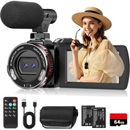 Kamera 4K Camcorder 60FPS, UHD 64MP Vlogging Dual Camera untuk YouTube, Zoom Digital 21X, Skrin IPS 