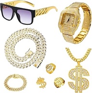 8 Pcs Hip Hop Jewelry Set 80s 90s Hip Hop Costume Accessories with Dollar Sign Gold Pendant Necklace