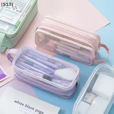 New Transparent Large Mesh l Case Double Layer Pencil Bag Handheld Portable Multifunctional Cosmetic