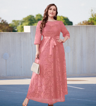 Women Plus Size 3/4 Bell Type Sleeve Occasional Belted Lace Party Evening Formal Bridesmaid Ninang M