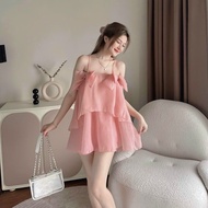 Set áo hai dây đính nơ và quần đùi nữ chất vải voan dễ thương đồ bộ đùi style Hàn Quốc màu pastel xi