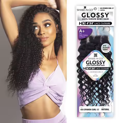 Shake-N-Go Glossy Virgin Remy Hair HD Lace Closure 4X4 Spanish Curl 12'' – Natural Shine, Soft Textu