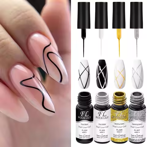 7ml 2-in-1 Gel Nail Polish Painting Gel Golden Silver White Black Ultra-Fine Brush French Line Strip