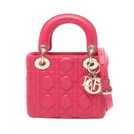 【二手】迪奧 Lady Dior 迷你 Cannage 兩用手提包，洋紅色皮革，Lady Dior Cannage 兩用迷你托特包，女士