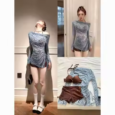 Korean Cute 3 Piece Bikini Set Women Y2K Halter Neck Ruffle Print Crop Top Mini Shorts Summer Beach 