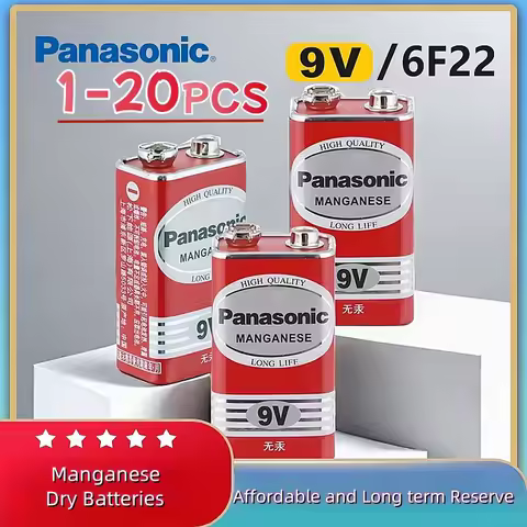 1-20PCS Panasonic 9V 6F22 Alkaline Battery for Alarm Wireless Microphone Mercury Free Long working l