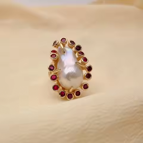 kkgem Fuchsia Cz pave 23x32mm Cultured White Baroque Pearl Ringer Ring Adjustable