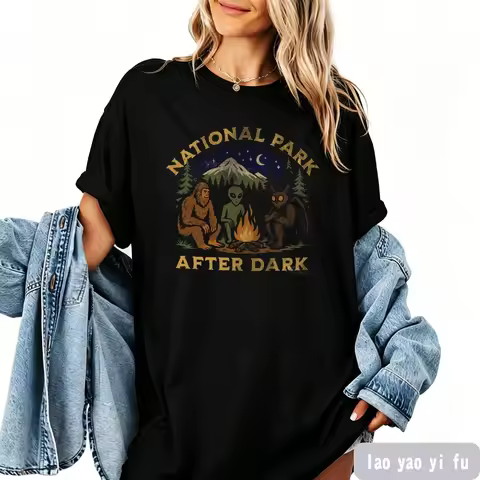 National Park After Dark T Shirt Funny Camping Crewneck Cryptid Hiking Tees Bigfoot Mothman Alien Gr