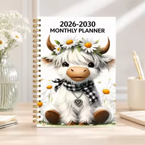 2026-2030 Monthly Planner, 5-Year Calendar Notebook with Highland Cow Cover, Jan 2026-Dec 2030 Sched