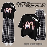 Cartoon Hello Kitty girls suit pure cotton short-sleeved T-shirt卡通凯蒂猫女童套装纯棉短袖T恤冰丝格子裤2025学生两件10.10