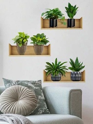 3D綠色盆栽植物帶架牆貼紙，適用於客廳，臥室，家居室內裝飾，自粘壁畫貼紙