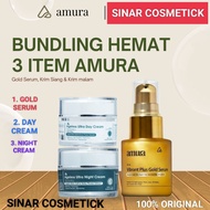 3 IN 1 AMURA PAKET SERUM GOLD FREE CREAM SIANG & MALAM - SKINCARE FLEK HITAM ( GOLD CREAM SIANG MALA