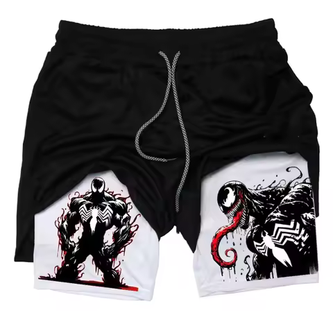 Venom Men's Shorts Spiderman Shorts 3D Marvel Printing Double Layer 2-in-1 Shorts Summer Men's Short