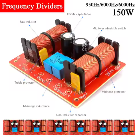 150W Speaker Frequency Divider Treble Medium Bass 3 Way Audio Woofer Crossover Filter 950Hz/6000Hz/6