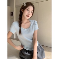 [Invoices Available🔥Sold 6.6w] Solid Color Lace Trim Stitching Square Neck Short Sleeve T-shirt Fema