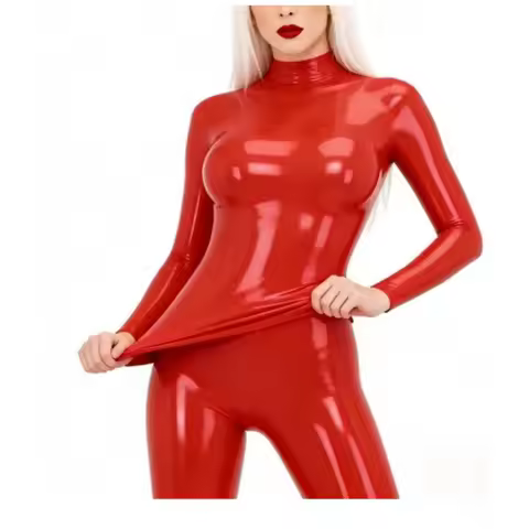 This latex bodysuit features a 3D three-dimensional cut and a back zipper design.