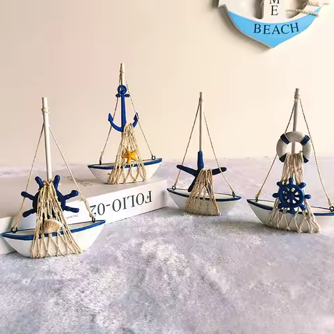1PC Mini Wooden Sailboat Decorative Ropes and Anchors,Mediterranean-style Commemorative Gift for The