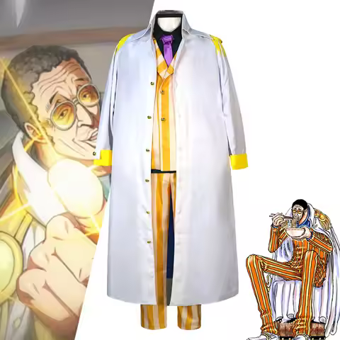 Admiral Kizaru Borsalino Cosplay Costume Full Set Navy Justice White Cloak Yellow Striped Suit Unifo