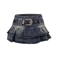กระโปรงยีนส์สั้นทรงหัวใจสไตล์ Y2K ทรงพังก์ ทรงเอ ผ้าฝ้าย ทรงเข้ารูป กระโปรงสั้นทรงเอแบบพับ ทรงเข้ารู
