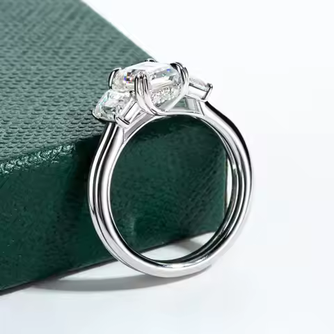 All Moissanite Emerald Cut 3-Stone Engagement Rings For Women Solid 925 Sterling Silver VVS1 D Color