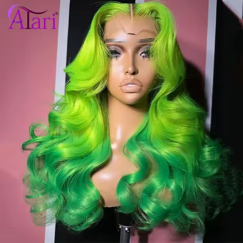 Ombre Green Body Wave Human Hair Wigs 613 Colored Mint Green Straight Lace Frontal Wig Transparent 3