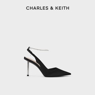 CHARLES&amp;KEITH ใหม่ CK1-60280436 สายรัดข้อมือโซ่เพชรสดใสรองเท้าแตะส้นสูงสำหรับผู้หญิง Silver 38