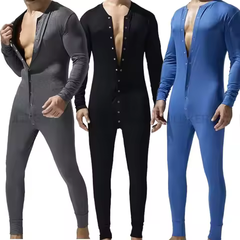TAUWELL Men's One Piece Bodysuit Long Sleeve Button Front Jumpsuit Tight Fitting Pajamas Loungewear 