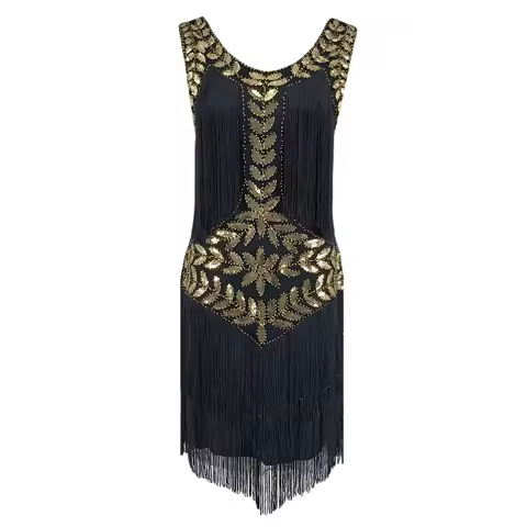 1920s Sleeveless Flapper Dresses Scoop Neck Great Gatsby Dresses Fringed Sequin Roaring 20s Dress Co