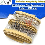 GD 50pcs 1/2W Carbon Film Resistors  24R~3.3K  24R 30R 47R 75R 100R 150R 200R 470R 1K 2K 3K 3.3K  oh