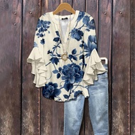 Women's Casual Trendy V-Neck Ruffle T-Shirt with 3D Floral Design - 0801H