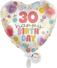 Foil Balloon Happy Birthday Number 30, Gift for 30th Birthday, Heart Balloon with Colourful Motif, H