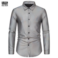 Áo Sơ Mi Nam Dài Tay Phong Cách Hong Kong 70s Disco Cool Black Foil Sparkling Stage Performance Long