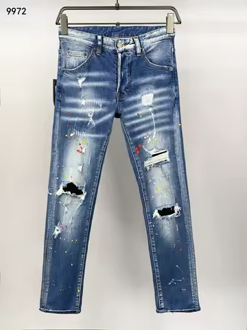 new Europe design style Men Jeans SLIM button Coolguy Long Pants Straight Pockets Hole blue top qual