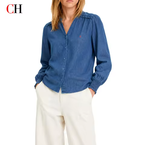 CH Womens Refined Stitch Letter Embroidery V Neck Stand Collar Denim Shirt Smocked Bishop Sleeves Ca