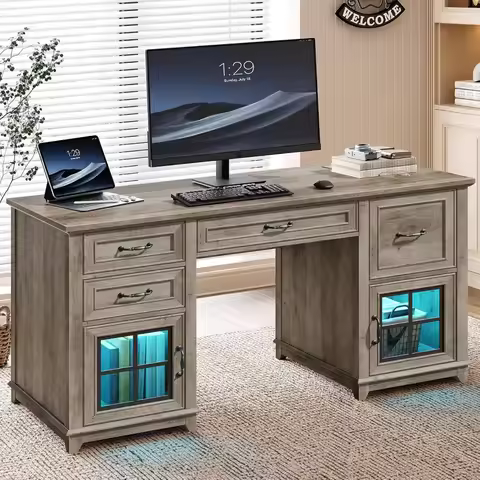 Farmhouse Style Executive Desk with Storage and Power Outlet for Home Office