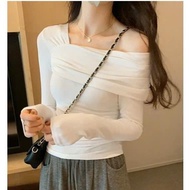 [AVAILABLE SIZE] BB Long Sleeve Off Shoulder T-shirt Sexy Bodycon Off Shoulder Design Thick Ribbed E