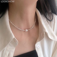 LOOKSHOW Shiny Silver Single Pearl Necklace Simple Versatile Alloy Necklace Clavicle Chain Jewelry A