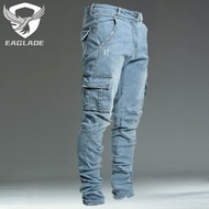 EAGLADE Skinny Slim Fit Denim Cargo Jeans Pants for Men L0066 in Blue