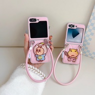 Pink Cartoon Hippo All-Inclusive Phone Case with Portable Lanyard for Samsung Z Flip5 Z Flip6 Z Flip