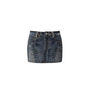 1JINN STUDIO Retro Washed เดนิม พิมพ์ เดรสรัดรูป Mini กระโปรง ดีไซน์ ความไว ผู้หญิง เล็กน้อย ยืดได้