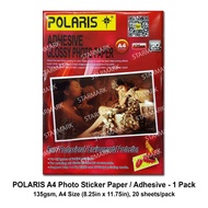 Polaris Glossy Adhesive Photo Sticker Papers - A4 Size, 20 Sheets / Pack - 135gsm - 1 Pack