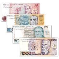 America-Brazil Set of 4 Coins (50-1000 Crusello) Foreign Banknotes P-210/214loi408