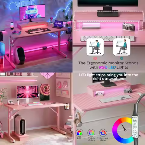 Gaming Desk 42 Inch Pink LED Computer Desk with Monitor Stand, Cup Holder, and Headset Hooks for Gam