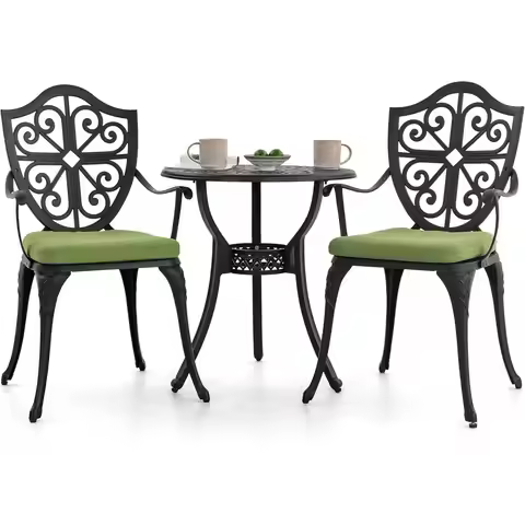 3-Piece Bistro Set with Cushions, Round 24 Inch Cast Aluminum Bistro Table with 2.17 Umbrella Hole, 