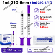 [ Ready Stock ] AI BioTech Purple Ultra Fine Disposable Syringe – 0.5mL / 1mL | 31G 6mm / 8mm | 100p
