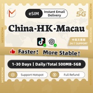 China & Macau & HongKong eSIM Ultra 1-30Days Daily 500MB-2GB Unlimited Data| Instant 24h Email Deliv
