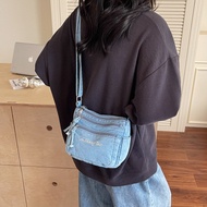 Beg Selempang Bahu Tunggal Denim Vintaj Berbilang Poket Zip Ringan Serbaguna Beg Persegi Kecil Bersu